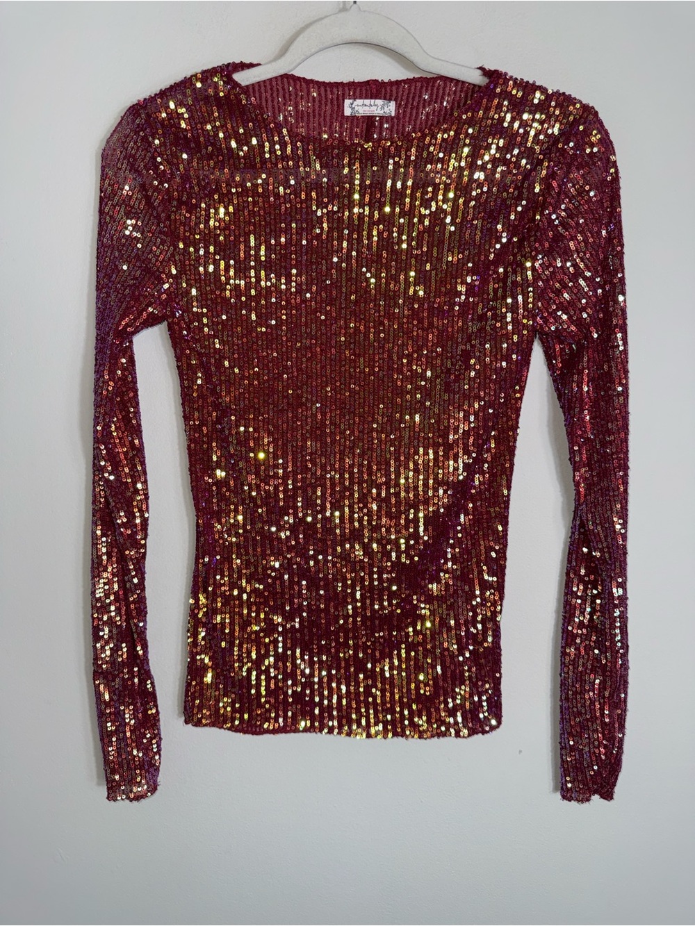 Intimately Free People Fitted Sequin Top-Long Sleeves-Burgundy-Size XS